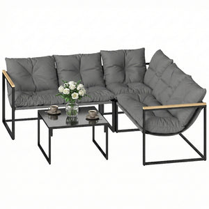 Ensemble de mobilier de patio 4 pièces avec coussins épais et table basse, gris