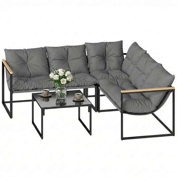 Ensemble de mobilier de patio 4 pièces avec coussins épais et table basse, gris