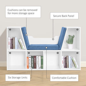 6 Compartment Bookcase with Seat Cushion for Reading Corner, Blue