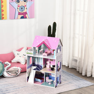 Maison de poupée en bois pour enfants de 2,9 pieds avec meubles, rose