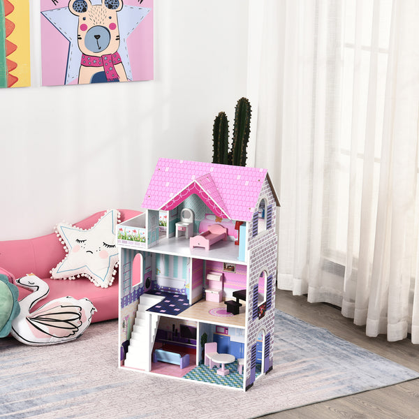 Maison de poupée en bois pour enfants de 2,9 pieds avec meubles, rose
