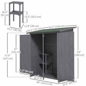 Abri de jardin avec toit en asphalte, double porte en bois, étagère, vert et gris