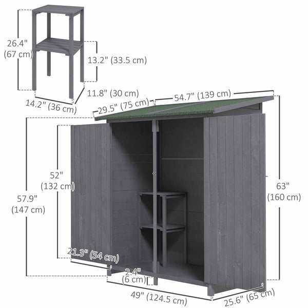 Abri de jardin avec toit en asphalte, double porte en bois, étagère, vert et gris