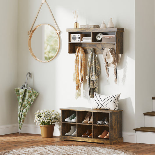 HOMCOM Coat Rack and Shoe Bench Set, Entryway Bench with 8 Storage Compartments and 4 Hooks for Hallway and Living Room, Rustic Brown