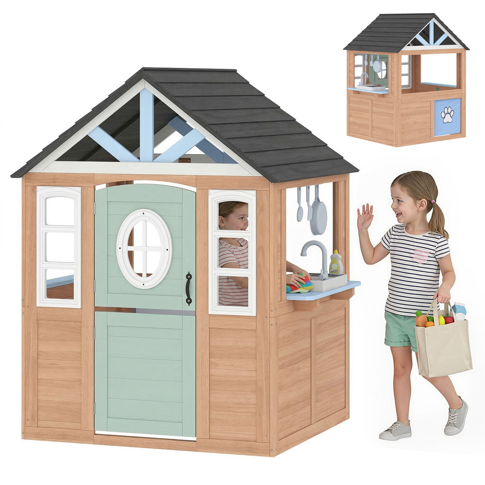 Maisonnette d'extérieur en bois avec chatière, cuisine de jeu, demi-porte et fenêtres pour une utilisation intérieure et extérieure.