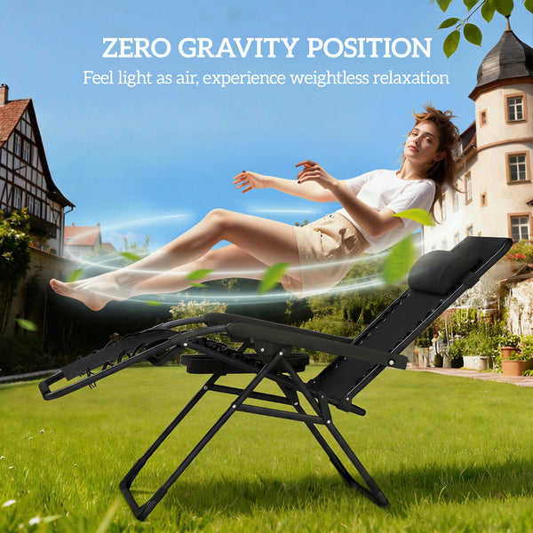 Ensemble de 2 chaises longues d'extérieur Zero Gravity, pliantes et inclinables, avec porte-gobelet et appui-tête, noires.