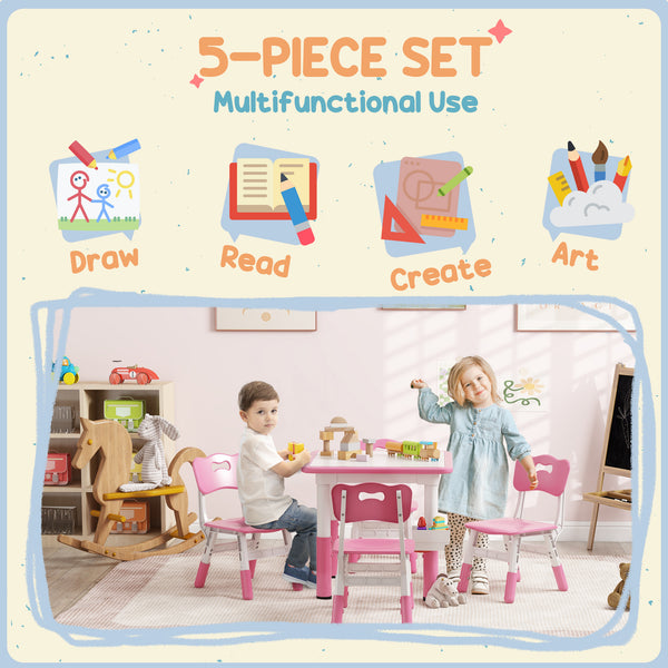 Ensemble table et chaises 5 pièces pour tout-petits à hauteur réglable, rose