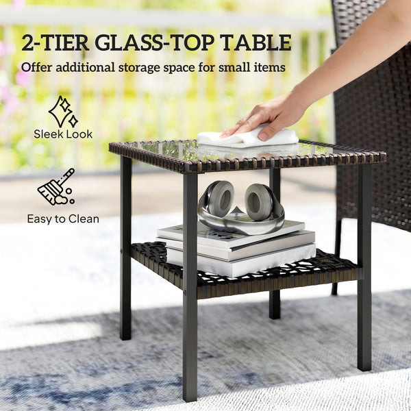 Ensemble bistro en résine tressée 3 pièces avec table à deux niveaux et plateau en verre, gris foncé