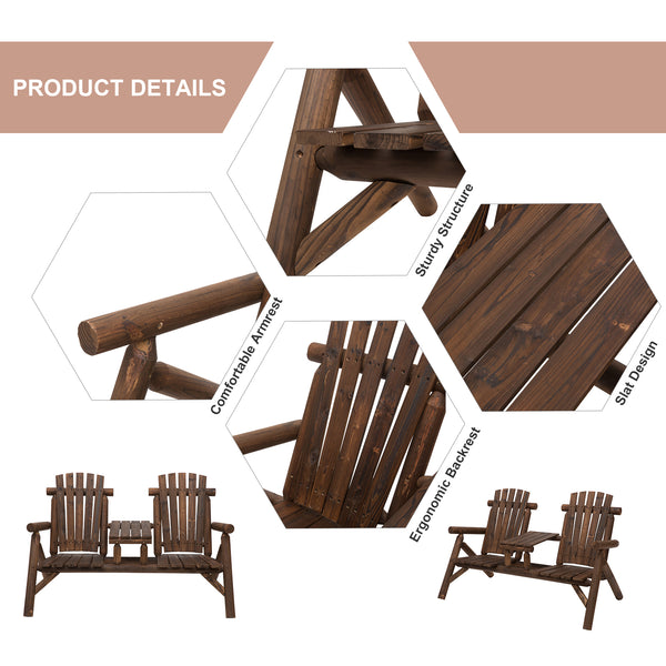 Wood Adirondack Patio Chair Bench with Center Coffee Table, for Lounging and Relaxing Outdoors Carbonized