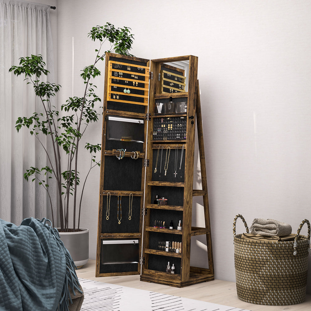 Armoire à bijoux pivotante à 360°, verrouillable, avec miroir intégré, brun rustique