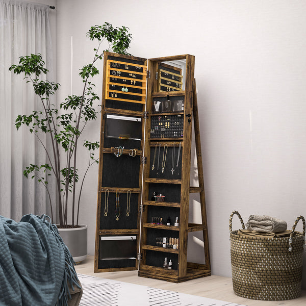 Armoire à bijoux pivotante à 360°, verrouillable, avec miroir intégré, brun rustique