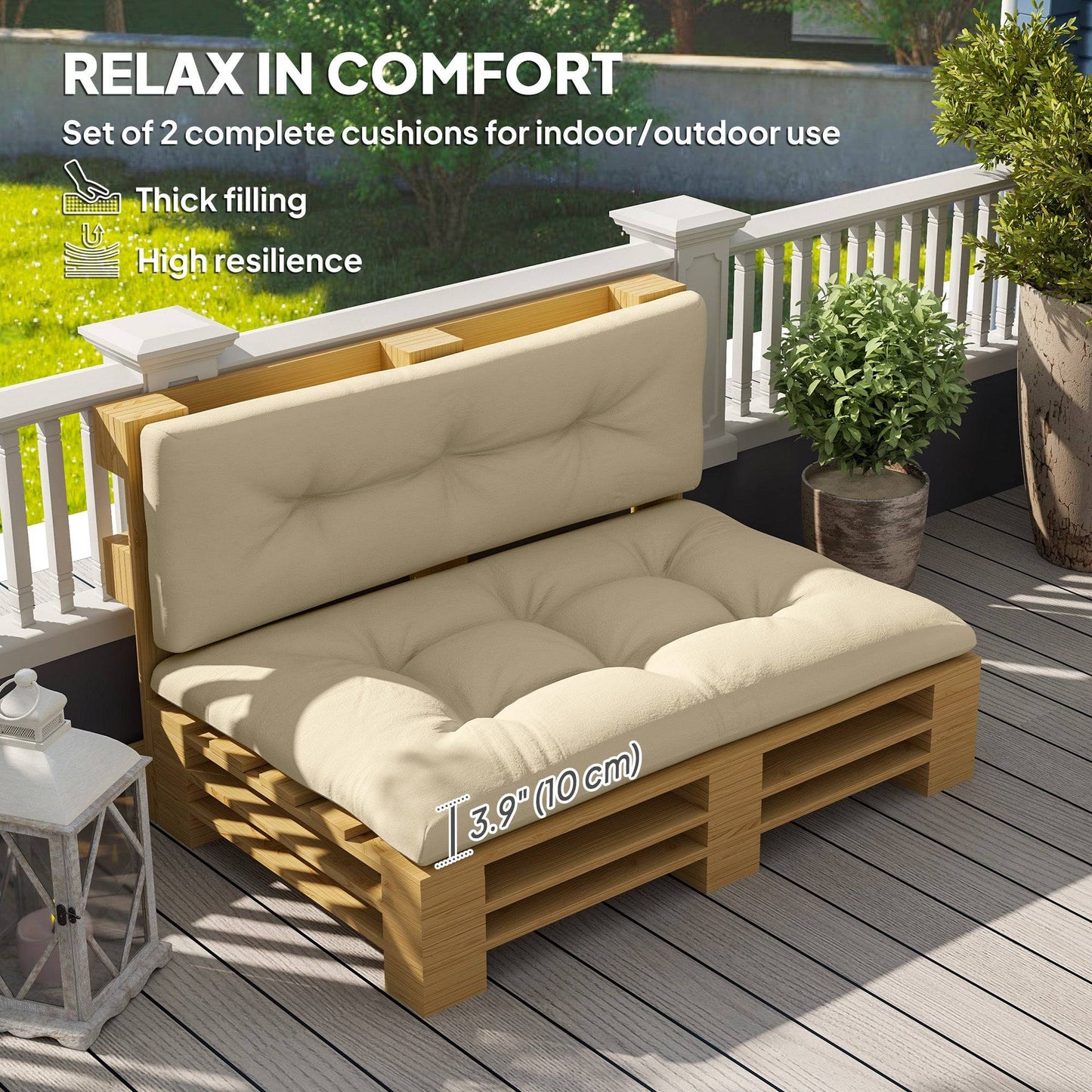 Ensemble de coussins de rechange pour palettes, 2 pièces, 9,9 cm d'épaisseur, beige