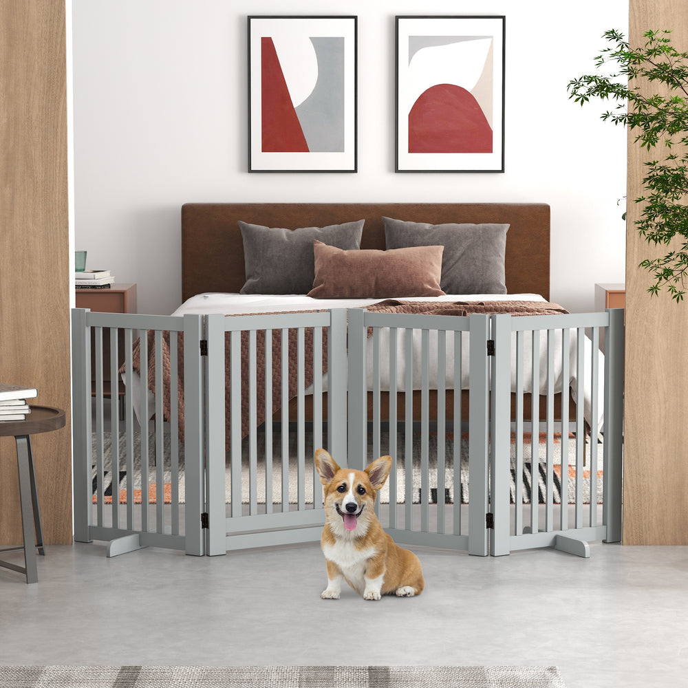 Freestanding 4-panel wooden barrier with opening gate, light grey