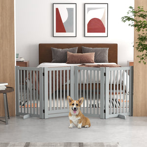 Freestanding 4-panel wooden barrier with opening gate, light grey