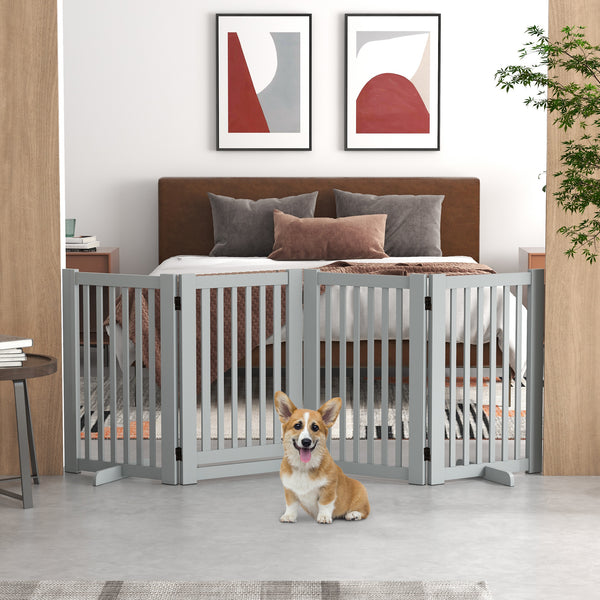 Freestanding 4-panel wooden barrier with opening gate, light grey