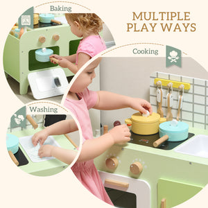 Kids Kitchen with 15 Accessories, Microwave and Cabinets, Green