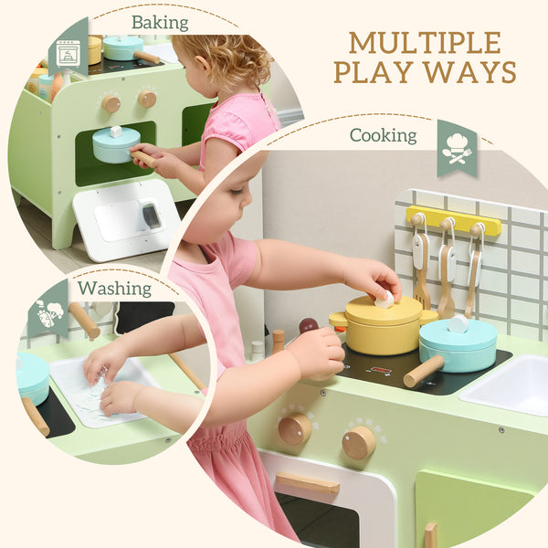 Kids Kitchen with 15 Accessories, Microwave and Cabinets, Green