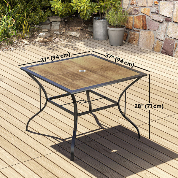 Table de jardin carrée avec trou pour parasol, marron