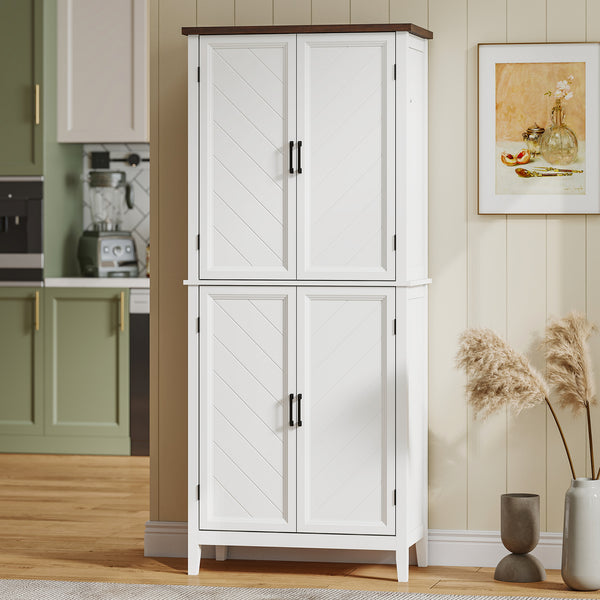 Armoire de rangement de cuisine style ferme moderne, avec 4 portes à chevrons et 4 étagères réglables, blanche.