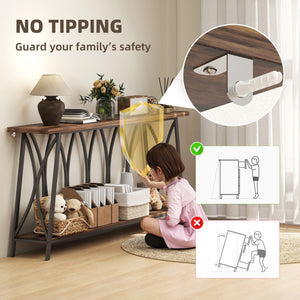 Industrial style two-tier console table with metal frame, rustic brown color.