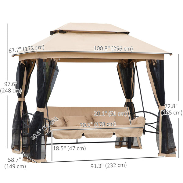 3 Person Outdoor Patio Daybed 3 in 1 Canopy Gazebo Swing Chair Garden Hammock with Mesh Mosquito Net and Sun Shade, Beige