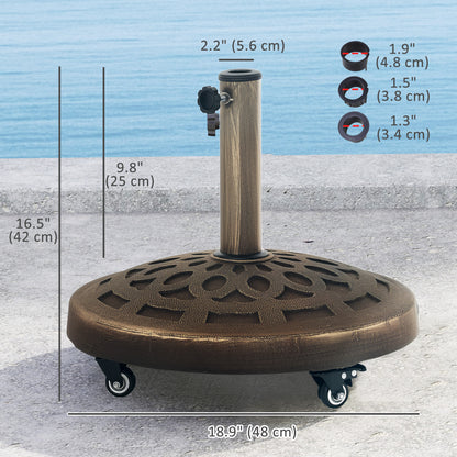 Pied de parasol rond avec roulettes en résine de 20 kg, robuste pour poteaux de 3,3 cm, 3,8 cm et 4,8 cm, bronze