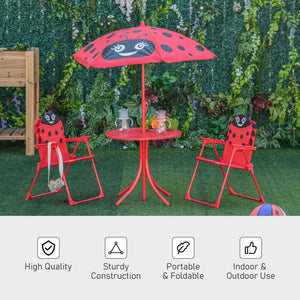 Kids Folding Picnic Table and Chair Set Pattern Outdoor Garden Patio Backyard with Removable & Height Adjustable Sun Umbrella Red