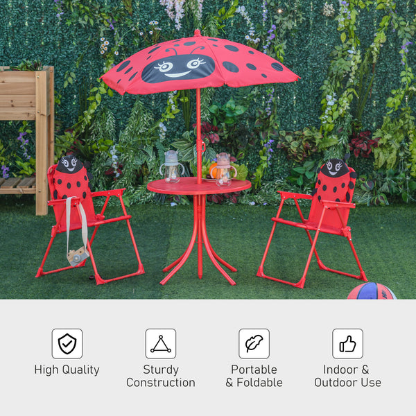 Kids Folding Picnic Table and Chair Set Pattern Outdoor Garden Patio Backyard with Removable & Height Adjustable Sun Umbrella Red