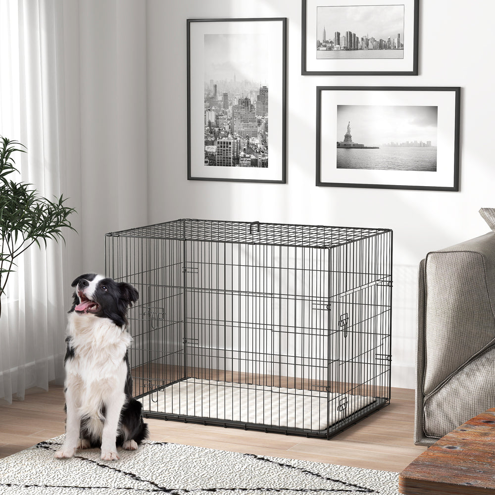 35" Dog Crate with 2 Doors, Folding Metal Dog Cage with Soft Cushion, Removable Tray, Handle, Black
