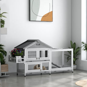 Clapier en bois avec toit ouvrant et coffre de rangement, gris