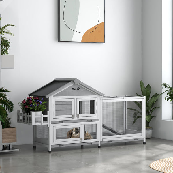 Clapier en bois avec toit ouvrant et coffre de rangement, gris