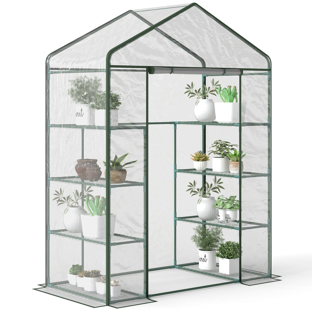 Serre de jardin légère et portable avec quatre étagères et une porte zippée enroulable, idéale pour cultiver en espace réduit