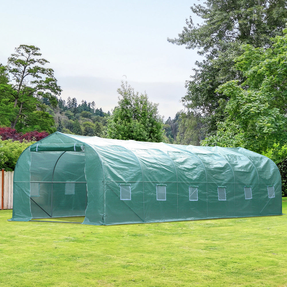 Tunnel greenhouse with 12 windows, easy to assemble, steel frame, green