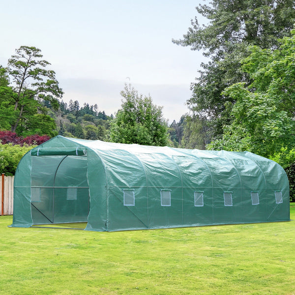 Tunnel greenhouse with 12 windows, easy to assemble, steel frame, green