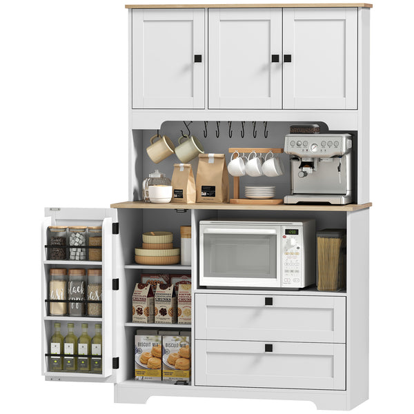Kitchen Pantry Cabinet, 64" Tall Kitchen Hutch with 3 Cabinets, 2 Drawers, Adjustable Shelves, Microwave Stand, White