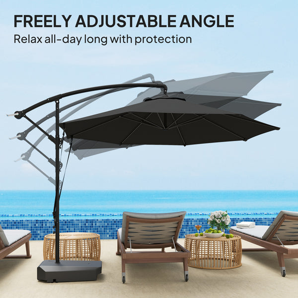 Parasol déporté 3 m avec base remplissable, sangle anti-vent et housse, parasol déporté avec manivelle, UPF 50+, gris