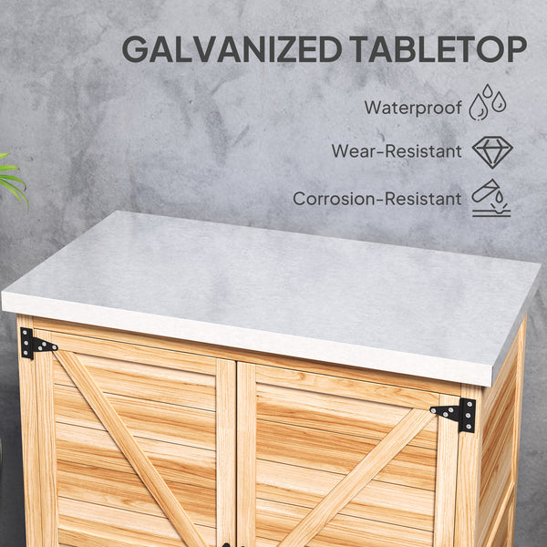 Garden storage unit with metal top, natural color