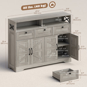 Buffet avec 4 portes coulissantes de style grange et 3 tiroirs, meuble bar à café avec étagères réglables, gris