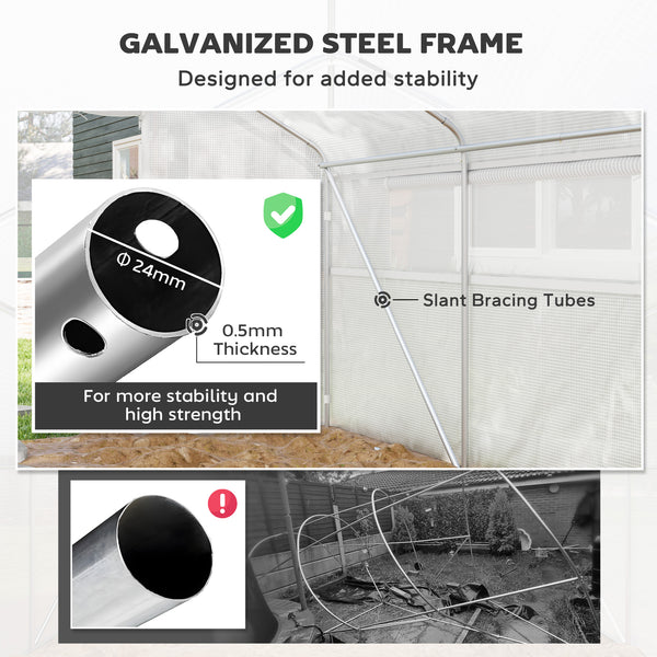Tunnel greenhouse with structure and windows made of UV and wind resistant galvanized steel
