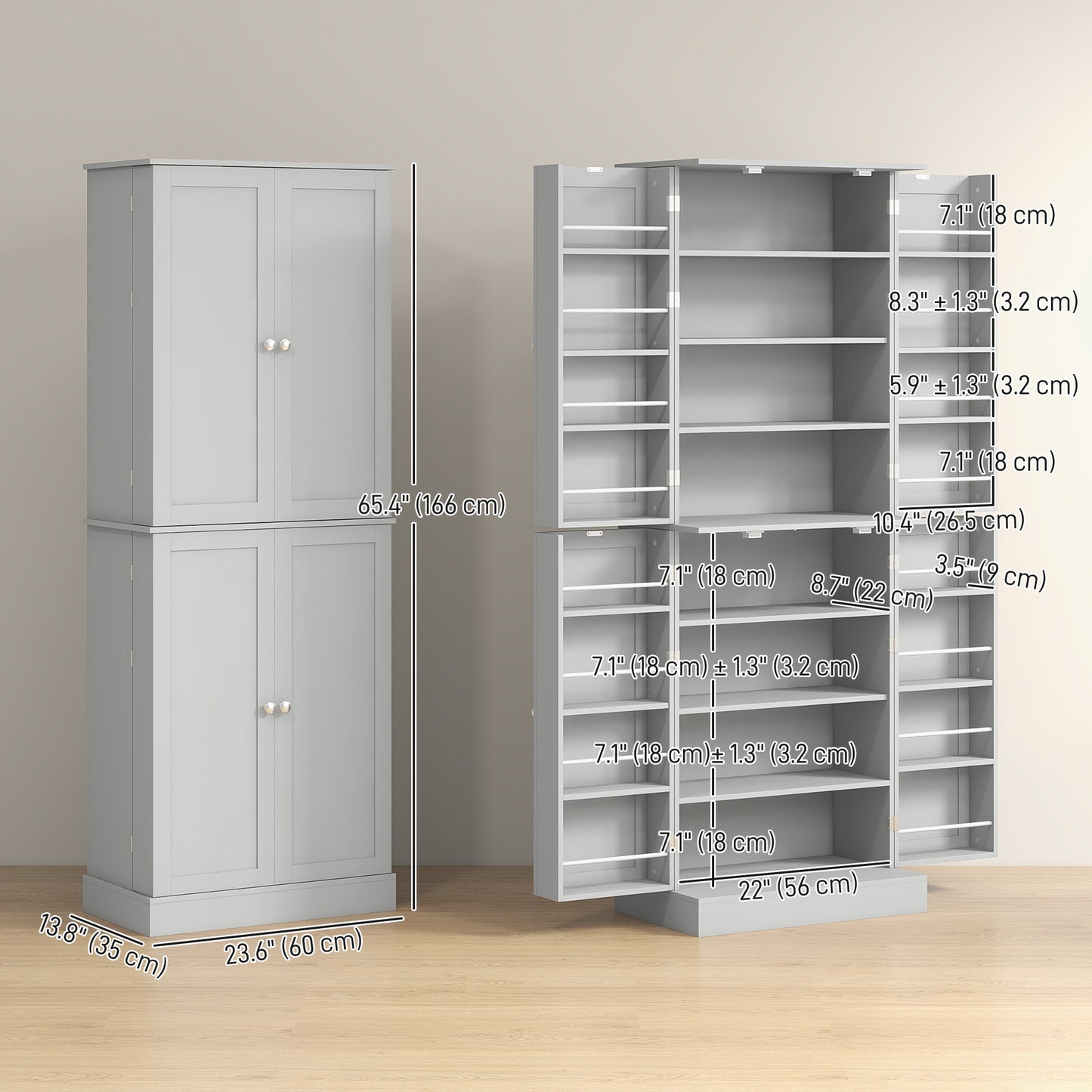 65-inch Kitchen Cabinet, Pantry with 4 Doors and 16 Shelves for Dining Room, Gray