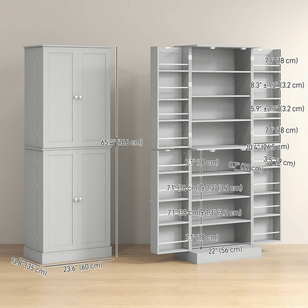 Meuble de cuisine 65 pouces, garde-manger avec 4 portes et 16 étagères pour salle à manger, gris