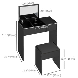 Coiffeuse moderne avec miroir rabattable et tabouret rembourré, noir