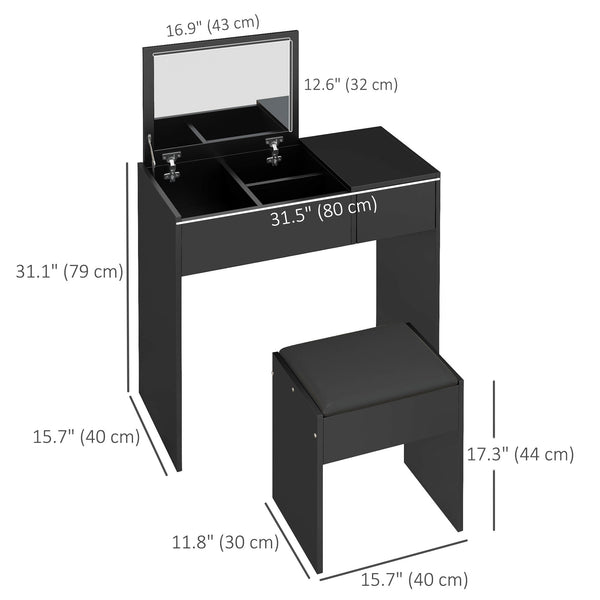 Coiffeuse moderne avec miroir rabattable et tabouret rembourré, noir