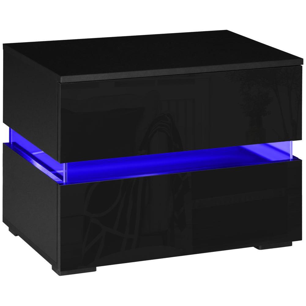 Table de chevet moderne avec 2 tiroirs et éclairage LED RGB alimenté par USB, noire.