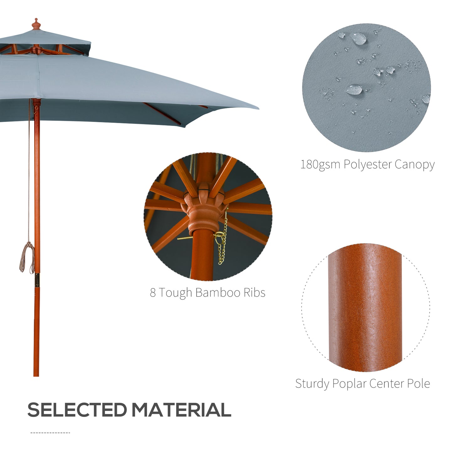 Outsunny 10x10ft Garden Market Parasol Wood Square Patio Umbrella Sunshade Canopy with 2 Pulley Pagoda Style Dark Gray |