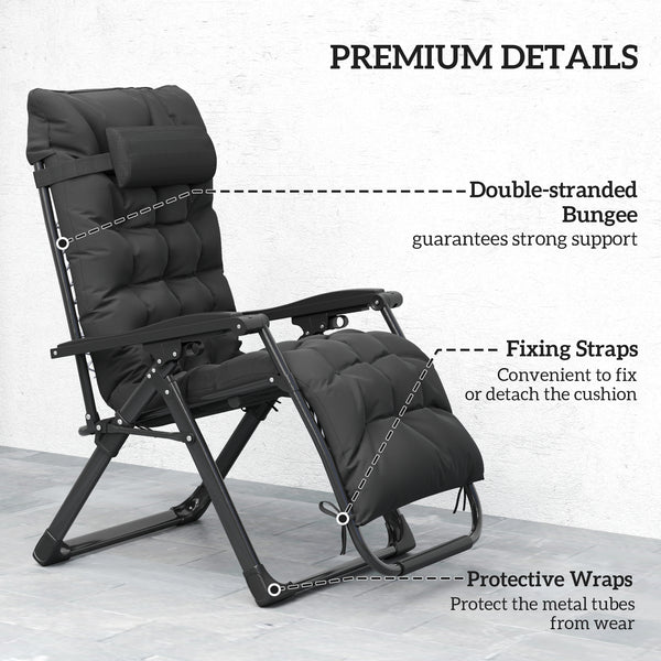 Folding Garden Chair, Reclining Zero Gravity Chair, Sun Lounger with Cushion and Headrest, Black