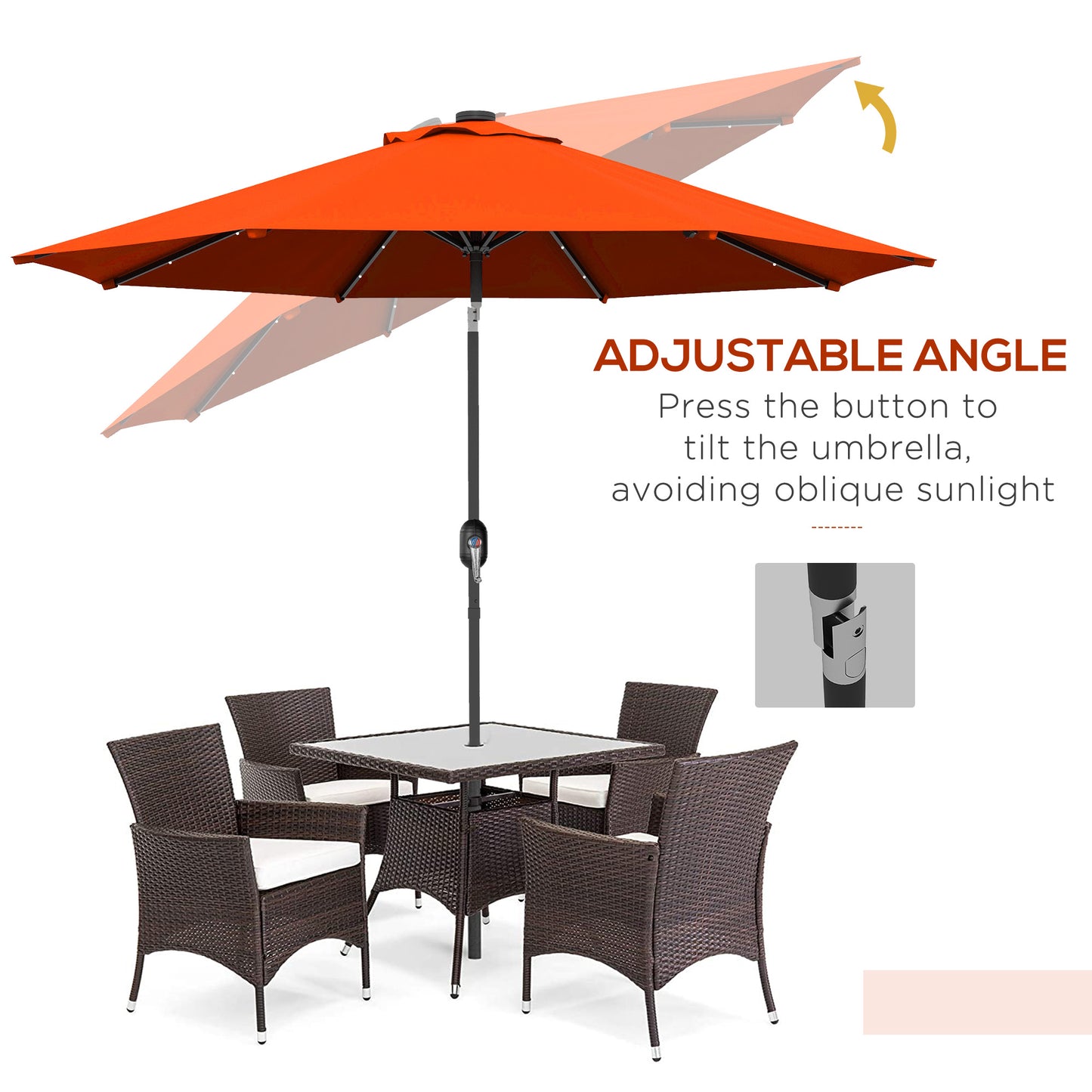 Parasol solaire d'extérieur de 2,7 m avec 24 LED et auvent inclinable, orange