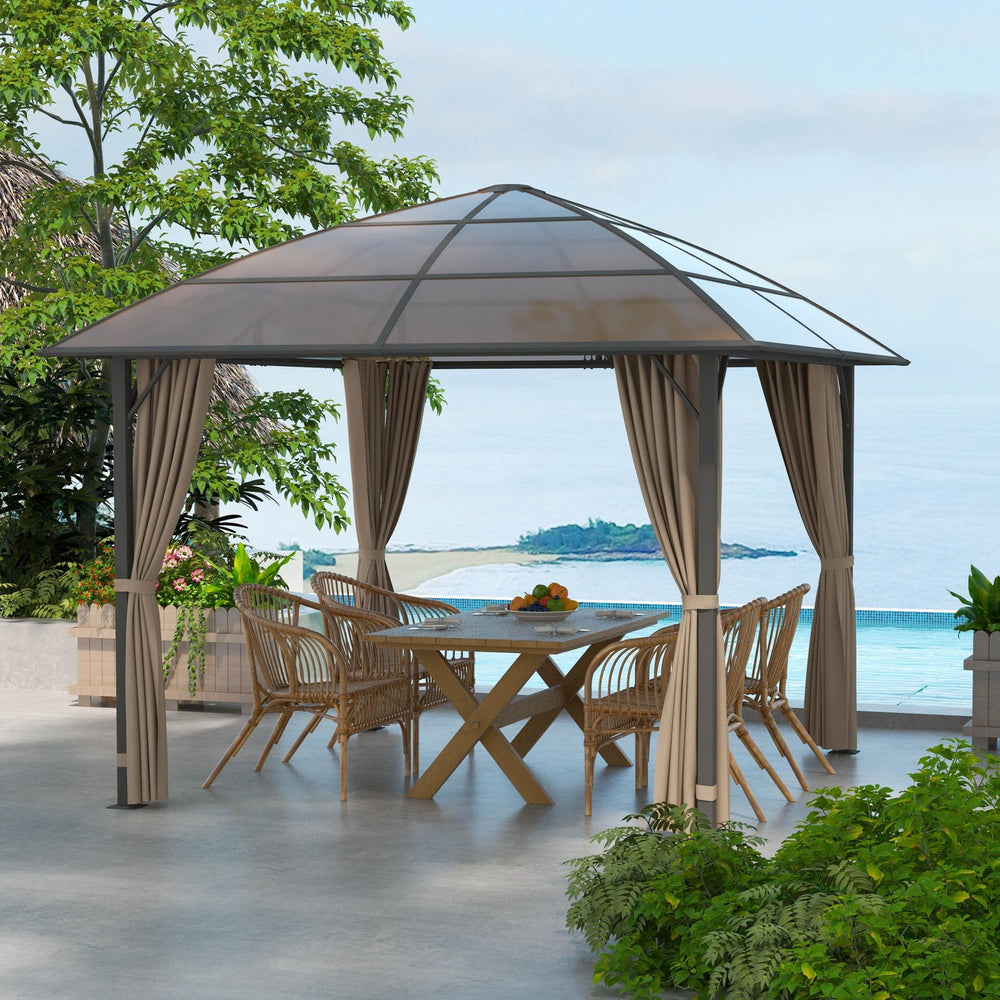 10' x 10' Outdoor Hardtop Gazebo Canopy with UV60+ Polycarbonate Roof, Steel Frame, Central Hook, Curtains, Khaki