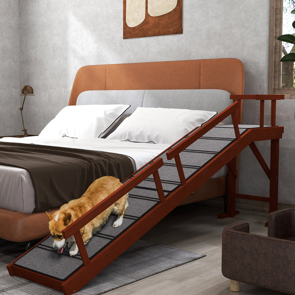 Wooden access ramp with non-slip mat and removable safety barriers
