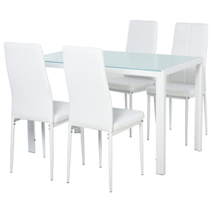 Rectangular 5-piece kitchen set with glass table and chairs, faux leather upholstery, white.